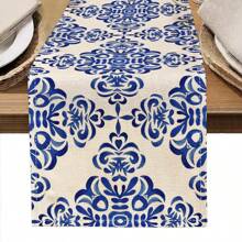 1 pieza Tapete de mesa con estampado floral retro azul, 4 piezas Individuales con estampado floral retro, adecuados para festivales, fiestas, cumpleaños, cenas, decoración de cocina y comedor, decoración del hogar y la habitación para todas las estaciones