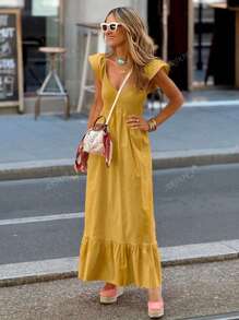 Vestido largo elegante con mangas de vuelo de diseño amplio, de unicolor, cómodo y casual, para vacaciones y días festivos para mujeres