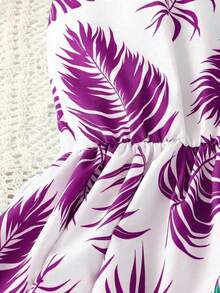 Bộ đồ liền thân không tay in họa tiết lá thường ngày cho bé gái - Chất liệu pha polyester co giãn, thiết kế trễ vai, dài đến đầu gối, thích hợp cho tiệc tùng và bãi biển, váy đi biển mùa hè - Màu tím - Xem 4