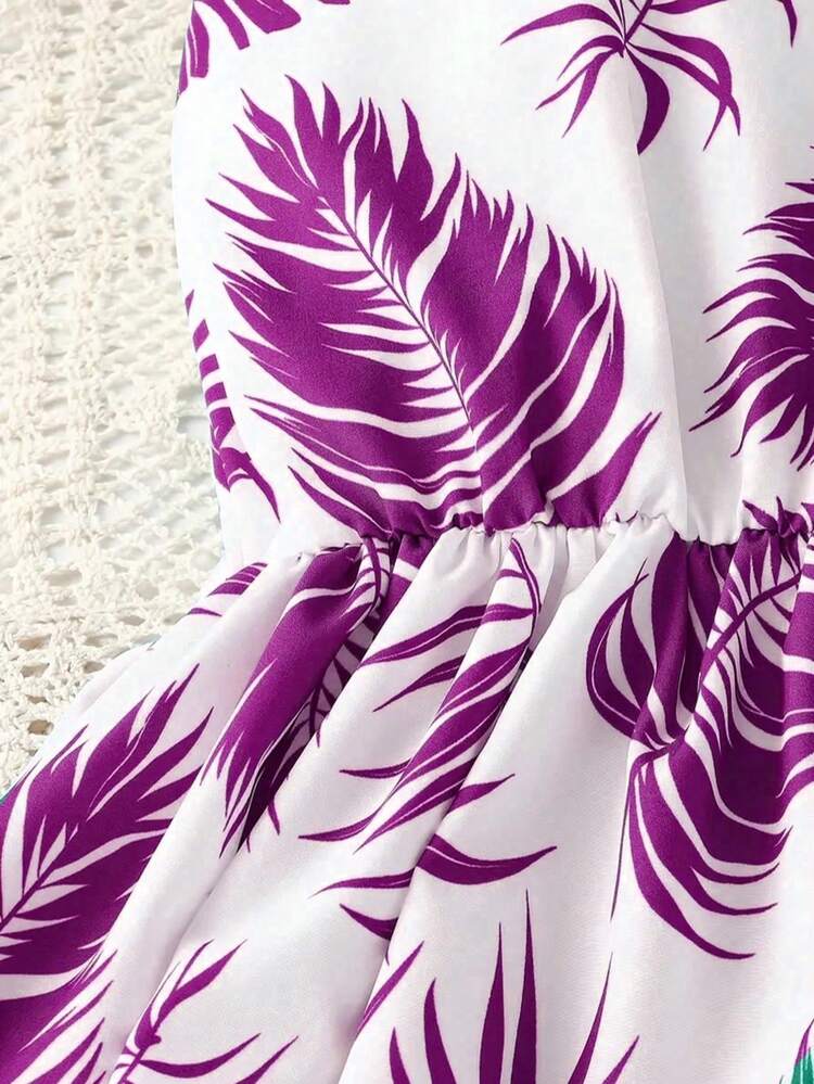 Bộ đồ liền thân không tay in họa tiết lá thường ngày cho bé gái - Chất liệu pha polyester co giãn, thiết kế trễ vai, dài đến đầu gối, thích hợp cho tiệc tùng và bãi biển, váy đi biển mùa hè - Màu tím - Xem 4