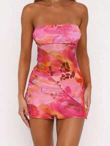 2 Pieces Set: Y2K Style Asymmetrical Hem Bandeau Midriff-Baring Top And Floral Print Mini Skirt, Fashion Blue, Summer 2025