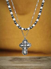 1 pezzo Collana con pendente a forma di croce intarsiato in turchese, ispirato allo stile , unisex