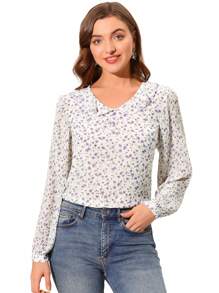 Women's Ditsy Floral Top For Cute Ruffle Collar Long Sleeve Summer Peasant Tops