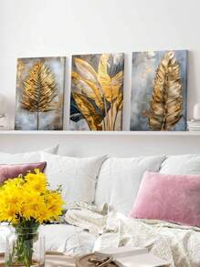 3 pièces Art mural moderne, Œuvre d'art décorative dorée, Affiches imprimées de feuilles, Peintures sur canevas de mode, Art mural élégant, Peintures classiques, Esthétique de la pièce, Décoration pour la maison, Cadeau idéal, Pour le salon, la chambre à coucher, la salle de bain, avec cadre en option