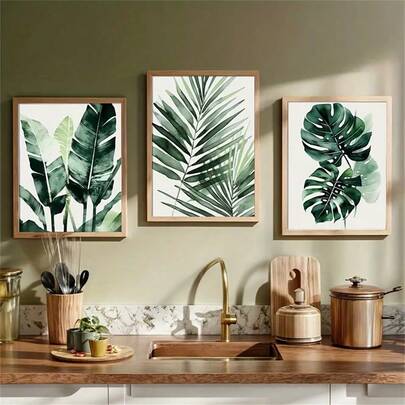 1Pc/3Pcs Botanical Tropical Plant Watercolor Wall Art Set - Palm & Monstera Leaves, Frameless Canvas Posters For Modern Home Decor - Perfect For Living Room, Bedroom, Office - Unique Gift Idea Framed/Unframed ,Wall Art With Frame Kitchen Decor