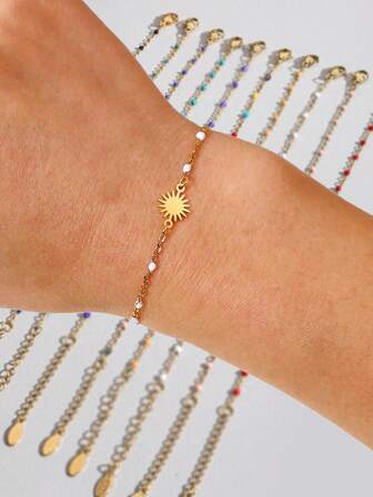 1 件时尚简约太阳串饰不锈钢油滴米珠手链，适合夏季海滩度假，电镀保色。（米珠数量随机）