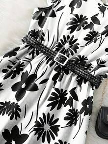 [Woven Texture] Stylish Green Floral Print Mid-Calf Dress For Teenage Girls - Casual Round Neck, Ruffle Sleeves, Polyester, Machine Washable - Perfect For Summer, Teenage Maxi Dress - White - View 5