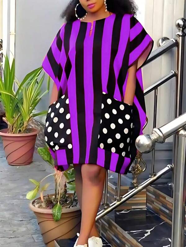 Plus-size dames gestreepte ronde hals vleermuismouwen korte mouwen casual jurk met zakken
