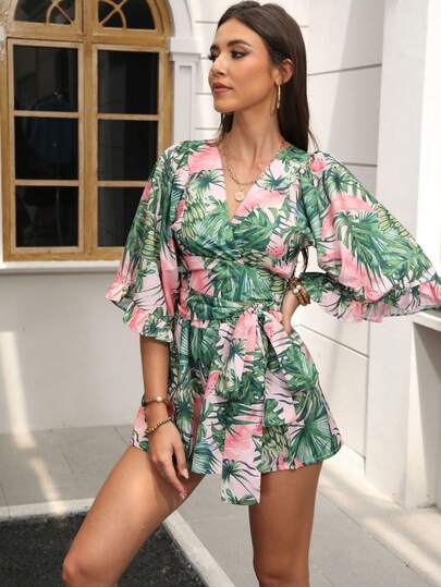 Casual Fashion Summer Holiday V-Neck Random Print Jumpsuit, Woven Fabric With Tie, Suitable For Festival, Daily Wear, Travel And Single Party