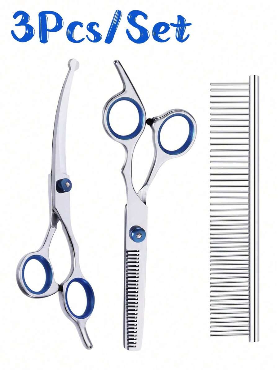 3-teiliges Profi Tier Pflegeschere Set: Rundspitzen Pflegeschere + gezahnte Filettierschere + doppelseitiger Edelstahl Kamm, sicheres Tier-Pflegescheren Set für Hunde und Katzen