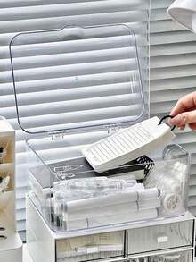 1pc Transparent Acrylic Desktop Storage Box With Lid, Dustproof Stationery Organizer, Office Desk Supplies Holder, Multi-Purpose Storage Bin For Home And Office - Clear - View 2