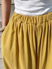 Women Wide Leg Pants, Elegant High Waist Loose Solid Casual Long Trousers Streetwear - 黃色 - 查看 8