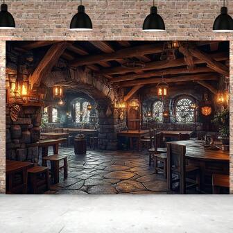 1 Piece Of Rustic Medieval Pub Hotel Polyester Background - Durable, No Need For Electricity, With Hanging Holes, Suitable For Indoor And Outdoor Holiday Decoration In All Seasons