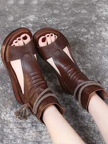 Color sólido casual sandalias de tiras, suela gruesa estilo retro sandalias de las mujeres, la primavera y el verano de viaje botas de tobillo, adecuado para viajes casuales, compras, fiesta y desgaste diario. - Marrón - Ver 3