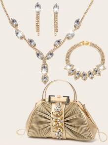 Conjunto de joyería de lujo con rhinestones para dama - Incluye collar, aretes, pulsera - Elegante bolso de mano de PU dorado con detalles de rhinestones - Joya personalizada elegante para damas, ideal para fiestas, bodas y eventos.