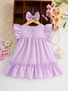 2pcs/Set Baby Girl Solid Color Casual Cute Handmade 3D Flower Cap Sleeve Dress And Headband Set - Purple - View 3
