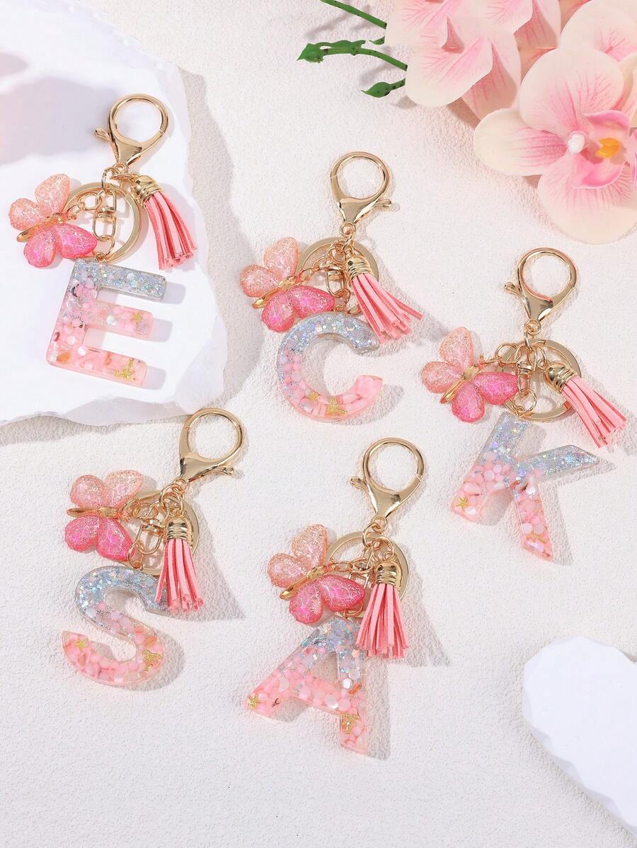 Personalized Bling Monogram Keychain For Women - Resin Letter Charm With Silvery Glitter, Pink Pebble & Gold Star Shaker - Birthday Gifts For Her, Anniversary Present With Pink Tassel & Butterfly Accent Car Accessories Bag Charm School Cute Goth Y2k - Pink - View 1
