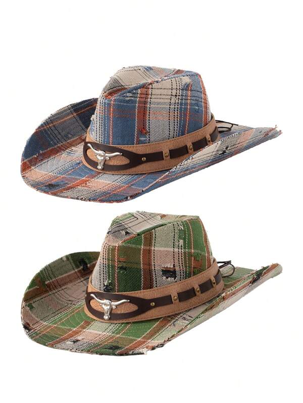 1pc Polyester Plaid Casual Cowboy Hat, Vintage Classic Patchwork Design, Handmade Fray Edge, Wide Brim Solid Color, Metal Bull Head And Rivet Decoration, American Street Style