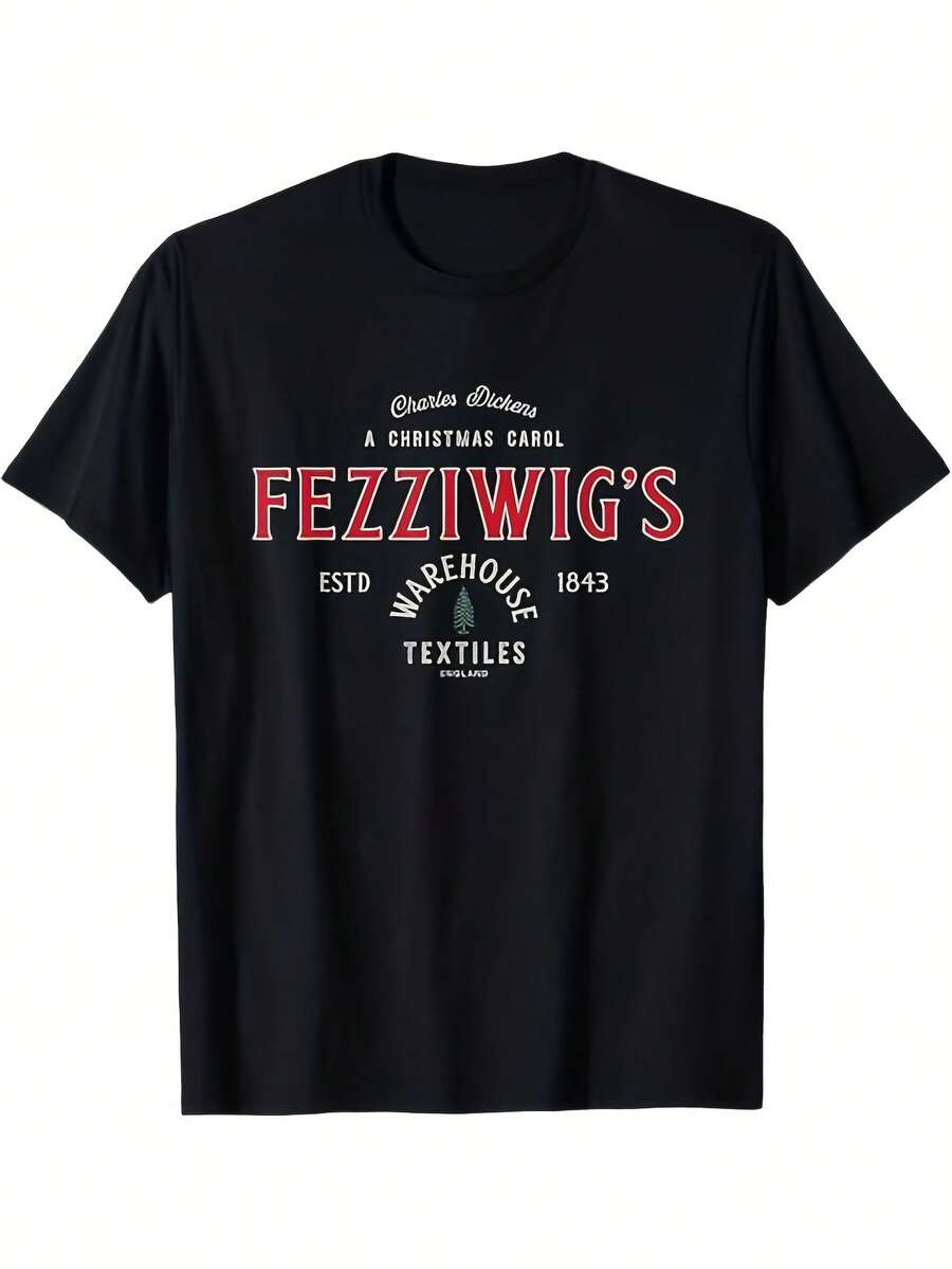 1pc Fezzwig'S Warehouse Textile Christmas T-Shirt,Cotton Crew Neck Short Sleeve Casual Tee, All-Season Knit Fabric, Regular Fit, Adult Humorous Graphic Print, S-XXXL, Black - Black - View 1