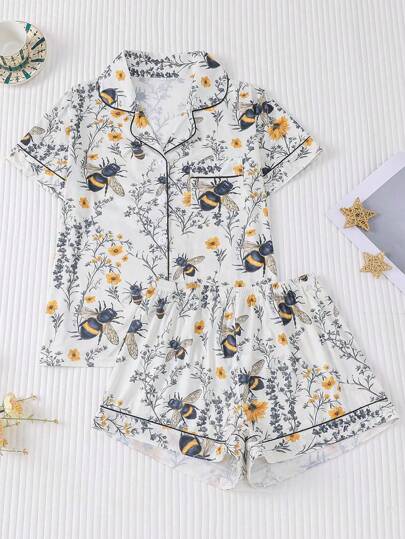 2pcs Bee & Floral Print Women Pajama Set, Short Sleeve Shirt With Lapel Collar Button And Loose Elastic Shorts, Fashionable Sleepwear/Loungewear Set For Outdoor/Indoor Casual Wear, All Seasons