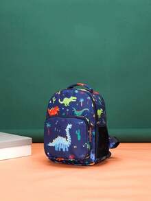 1pc Nylon Zipper Closure Fashionable Cartoon Backpack, Indie Design Adjustable Shoulder Strap Bag, Cute Coconut Tree & Dinosaur Print Pattern Backpack, Perfect Gift For Teenagers - Navy Blue - View 2
