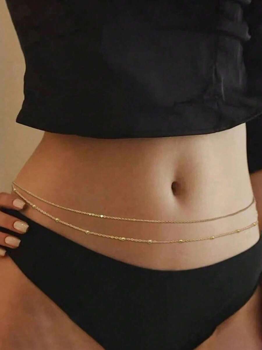 2pcs Sexy Bikini Waist Chain Simple Bikini Belly Chains Summer Body Chain Beach Body Accessories Jewelry For Women Girls Summer School Fall, Autumn, Halloween - Gold - View 1