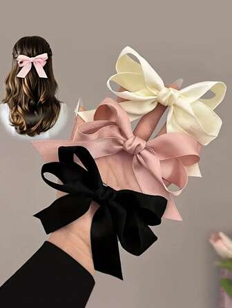 3pcs Chic Bow Hair Clips In Beige, Pink & Black - Cute Fabric Accessory For Girls, Ideal For Casual Outfits Or Vacations, Cute Hair Clips