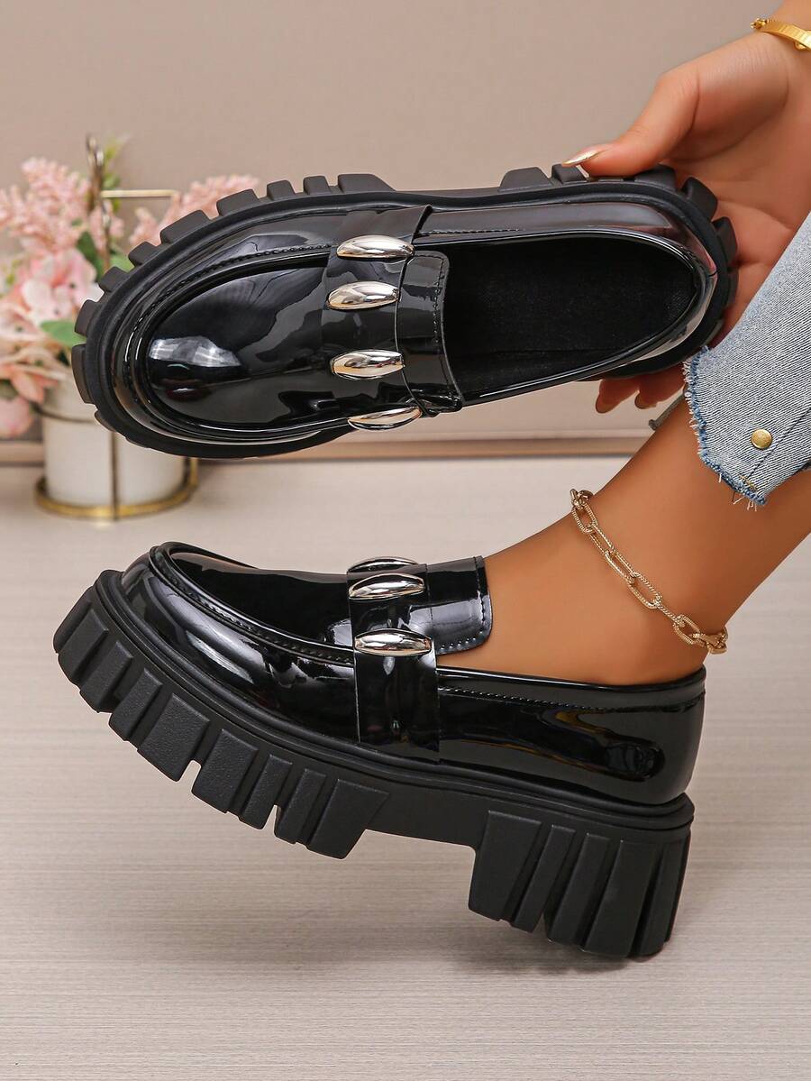 Zapatos de Mujer Mocasines de Estilo Preppy - Temporada 2025, Diseño de Punta Redonda, Suela Gruesa Antideslizante, unicolor, Sin Tratamiento y de Piel Sintética con Hebilla Slip-On - Negro - Ver 1