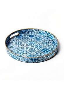 Bandejas decorativas de estilo bohemio azul de plástico con asas para decoración de mesa de café, bandeja de almacenamiento de escritorio para joyas, perfumes, organizador de bandejas otomanas estilo boho, accesorios de cocina, decoración de cocina, bandeja para frutas