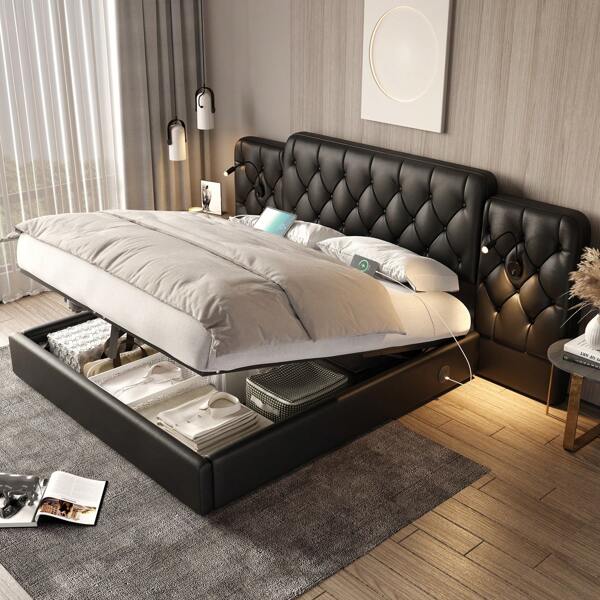 okwish Gestoffeerd bed tweepersoonsbedframe jeugdbed opbergbed, 160/180*200cm, zonder matras USB aan beide zijden, voorzien van leeslampjes, hydraulisch systeem