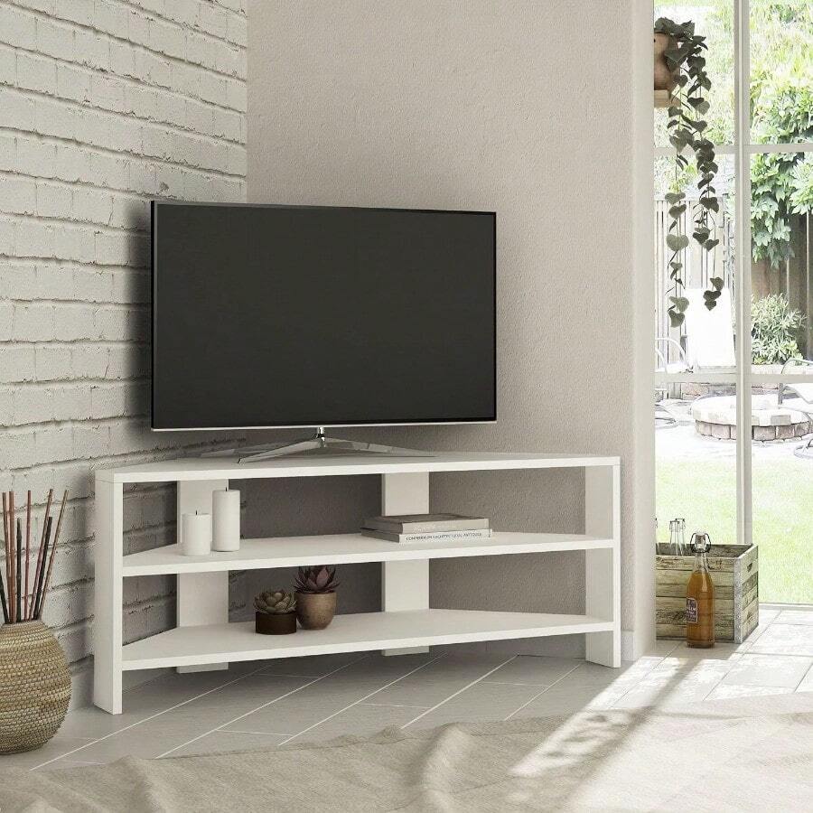 HOCUS PICUS Corner TV Unit With 2 Shelf For Living Room, Office Ext. Modern Design, Tv Stand 32 Inch TVs, Multi Colour Options For Decorations (White) - White - View 1