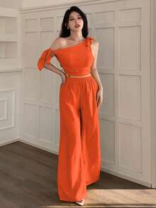 abyoxi 两件套：橙色性感不对称领口系带腰身极简上衣和阔腿裤，休闲套装，适合通勤、度假、海滩、春夏穿着。 - 橘色 - 查看 6