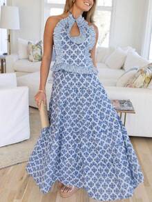 Womens 2 Piece Maxi Skirt Set Y2k Lace Up Halter Neck Tops And Flowy Long Skirt Summer Backless Beach Outfits - Màu xanh lam - Xem 2