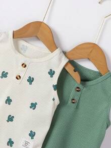 Bhchntiy 4pcs Set Young Boy Summer Cactus Print & Solid Waffle Crew Neck Vest + Pants Casual Fashion Outfits - Multicolor - View 3