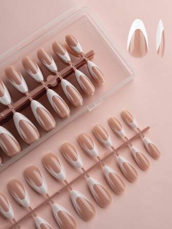 240pcs French Gel Nail Stickers - Almond Shaped Deep Brown Glossy French Manicure Nail Stickers, Pre-Coated And Pre-Colored Nail Strips, Elegant Design, Suitable For Spring/Summer DIY Manicure. Nail Art Supplies