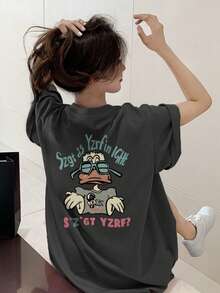 女式夏季新款可爱鸭子和字母图案印花休闲百搭短袖T恤 - 深灰 - 查看 4