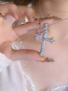 1 pieza Collar con colgante de cruz con diamantes, collar con colgante cuadrado rosa, collar de plata lujoso y de moda adecuado para que las mujeres lo usen diariamente, perfecto para citas, fiestas, festivales y regalos de joyería - Plateado - Ver 3