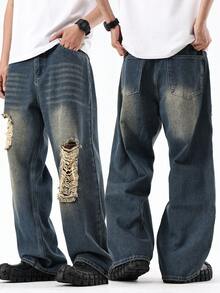 Y2K Vintage Style Men's Blue Retro Washed Loose Wide Leg Ripped Jeans Straight Leg Loose Jeans, Perfect Gift For Husband, Boyfriend - 藍色 - 查看 2