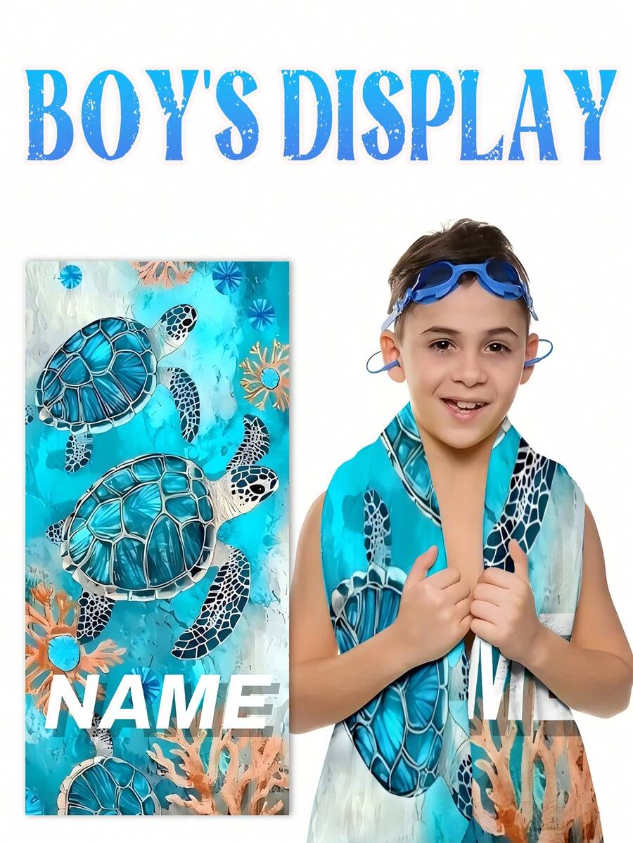 1pc Personalized Name Beach Towel,Blue Marine Creature - Sea Turtle Children Parents Beach Towel, Absorbent Multi-Functional, Quick Dry,Breathable - Blue - View 1