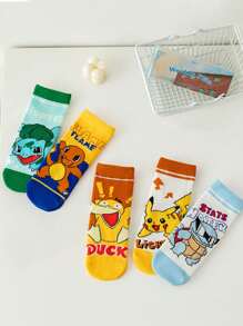 pokemon 5 par dziecięcych skarpetek z nadrukiem kreskówkowym, śliczne wzory anime, do połowy łydki dla dziewczynek, zima, styl koreański, oddychające dla chłopców, małych uczniów, skarpetki domowe