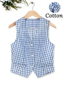 女士休闲度假涤棉格纹单排扣无袖短款西装外套 - 藍白色 - 查看 1