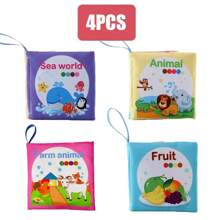Paquete de 4 libros blandos de educación temprana para niños, lavables, masticables, resistentes al desgarro, que incluyen animales, frutas y otros juguetes de aprendizaje interactivo, adecuados como regalos de Navidad, cumpleaños, Halloween, Acción de Gracias y Pascua para bebés y niños pequeños