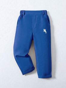 Jungen Lässig Einfarbige Hose mit Ritter Stickerei, Schrägeinschubtaschen, Gummizug-Taillenbund, geeignet für den täglichen Gebrauch, Reisen, Partys, Feiertage, vielseitig & - Königsblau - Übersicht 2