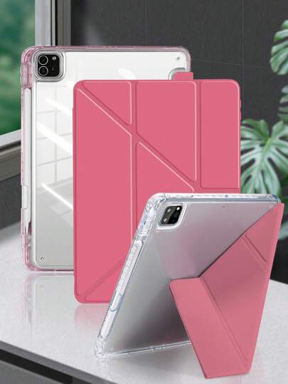 1pc Transparent Acrylic Y-Fold Flat Protective Case, Watermelon Red, Multi-Fold Multi-Angle Stand, Built-In Pencil Slot, High-Transparency Acrylic Rear Shell Anti-Scratch Anti-Bend, Magnetic Auto Sleep/Wake/Smart Power Saving, Minimalist/Casual/Classic, Compatible With IPad Mini6/Mini7/9.7/10.2/10.5/Air4/Air5/10th/10.9/Pro11/Air11(M2)/Air13(M2)/Pro11(M4)/Pro13(M4) 2024 12.9inch, Slight Color Difference Due To Lighting