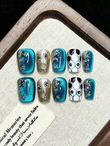 Handmade Wearable Nails, Press-On Fake Nails, Peacock Blue With Polka Dots, Glitter Ombre, Reusable For Women - Teal Blue - View 5