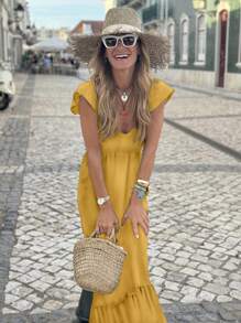 Vestido largo elegante con mangas de vuelo de diseño amplio, de unicolor, cómodo y casual, para vacaciones y días festivos para mujeres