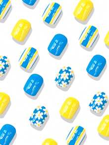 24 Unidades de Unhas Quadradas, Pintura a Óleo Fresca no Verão, Flores Azuis, Vermelhas, Brancas e Amarelas, Unhas Falsas, Adequadas para Brincadeiras do Dia a Dia, Unhas Adesivas. Suprimentos de Unhas