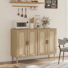 Modern White Rattan Sideboard, 4-Door Buffet Cabinet With Power Outlet & Adjustable Shelves, Versatile Storage Solution For Dining Room, Kitchen, Or Hallway - 黃色 - 查看 3