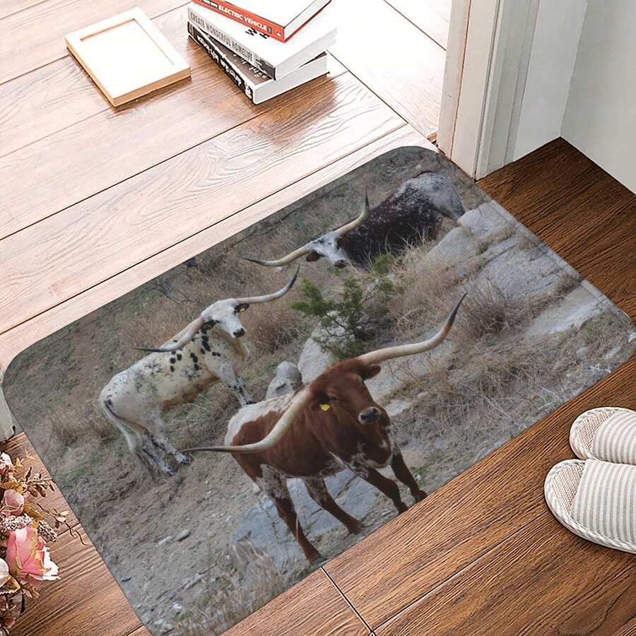 Texas Longhorn Three Cows 23.6x35.4in Flannel Bathroom Floor Mat 100% Polyester 1cm Thick Anti Slip Backing For Safety Absorbent Design To Keep Floors Dry For Long Term Home Use Bath Rug Floor Carpet Outdoor Rug Door Mat Bathroom Decor Fall Decor Bathroom Accessories Entryway Decor - White - View 1
