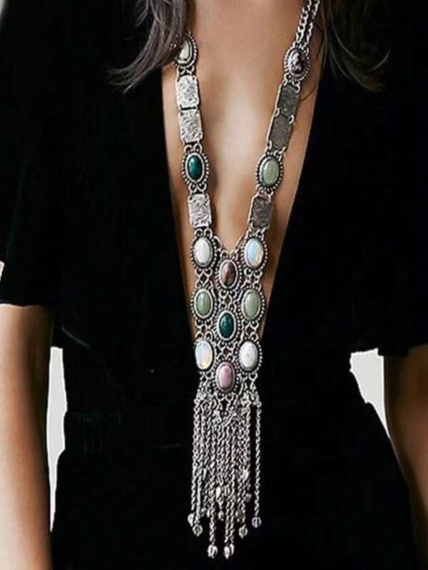 1pc Long Bohemian Retro Style Turquoise Statement Necklace, Vintage Silver-Tone Dance Show Sweater Chain For Women